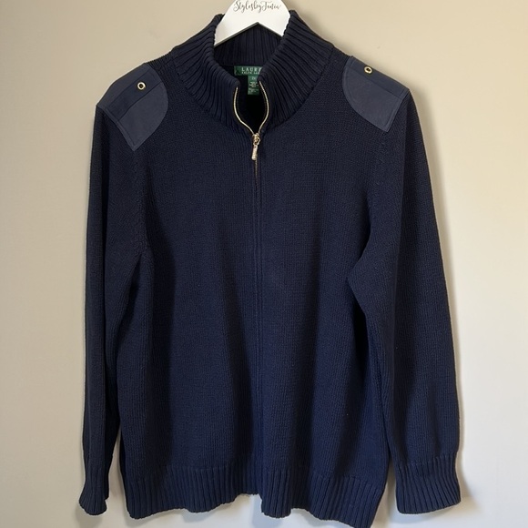 Lauren Ralph Lauren Womens Full Zip Navy Blue Shoulder Patch Knit Sweater Sz 2X - Picture 1 of 13